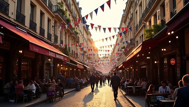 A sunlit Parisian street scene filled with festive bunting and outdoor cafes