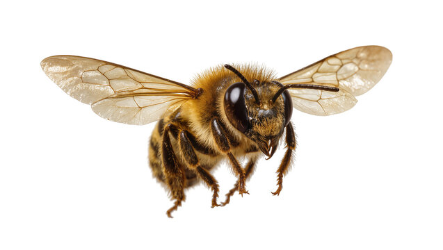 Honey bee with wings spread flying forward