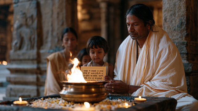 Brahmin priest guiding a family through a fire ritual, flower petals and clarified butter offerings surrounding a central brass vessel, Sanskrit chants written on a card held by a