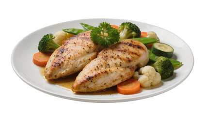 Grilled chicken breasts with mixed steamed vegetables on white plate © Lena