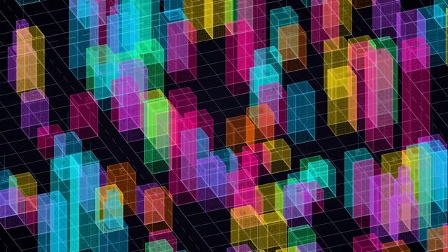dynamic translucent colorful 3d blocks rotating, loopable digital grid cityscape, evolving isometric data structures and future technology