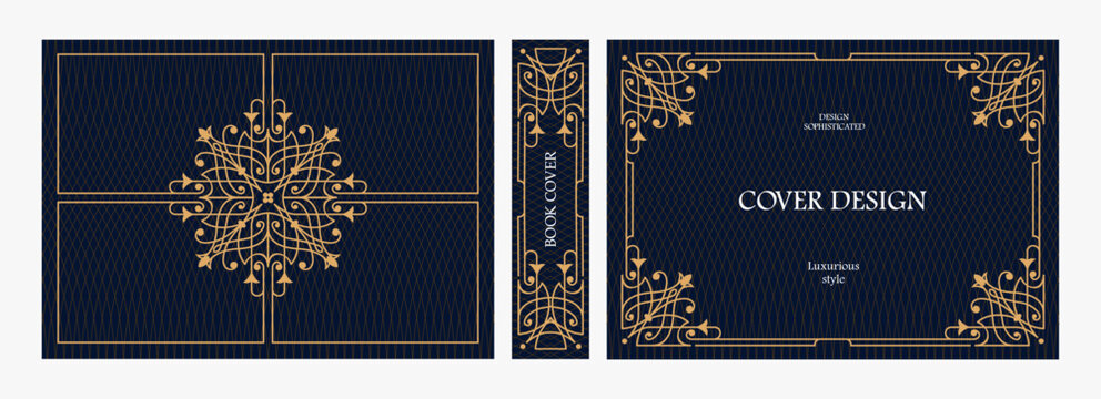 Elegant horizontal vintage book cover design with ornate Art Nouveau frame, geometric decorative ornaments, and luxurious retro style for publications, albums, posters, and premium layouts