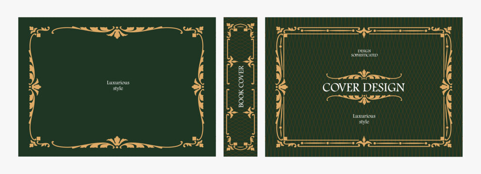 Elegant horizontal vintage book cover design with ornate Art Nouveau frame, geometric decorative ornaments, and luxurious retro style for publications, albums, posters, and premium layouts