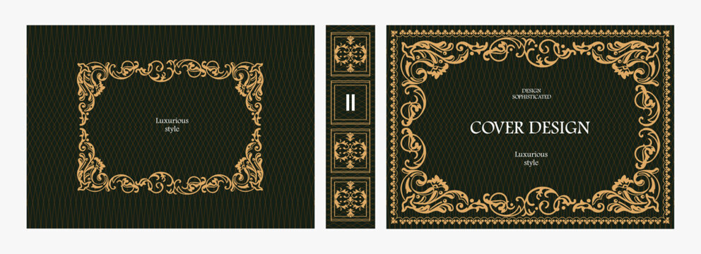 Elegant horizontal vintage book cover design with ornate Art Nouveau frame, geometric decorative ornaments, and luxurious retro style for publications, albums, posters, and premium layouts