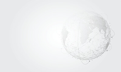 Plakat Abstract global network connection technology background grey world map globe vector digital data communication banner with copy space
