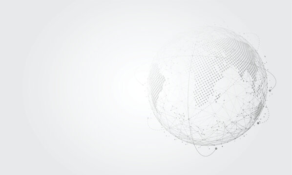 Abstract global network connection technology background grey world map globe vector digital data communication banner with copy space