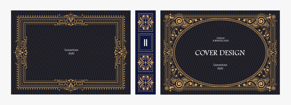 Elegant horizontal vintage book cover design with ornate Art Nouveau frame, geometric decorative ornaments, and luxurious retro style for publications, albums, posters, and premium layouts