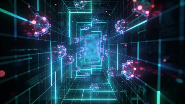 Starting play, camera panning neon grid tunnel, nodes drifting toward glowing portal seeking access