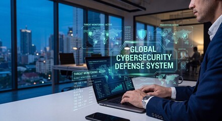 Fototapeta premium Professional executive using a global cybersecurity defense system dashboard on a laptop in a modern office at night to monitor digital network security threats