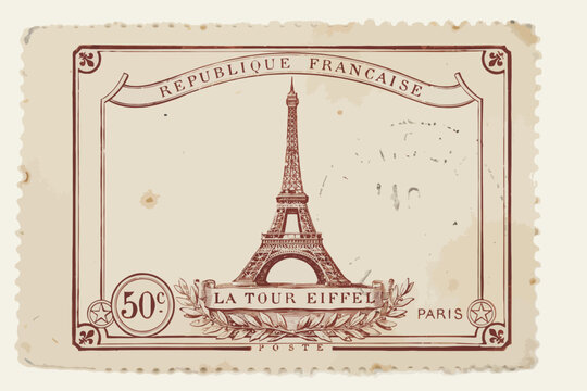 Antique french postage stamp featuring the eiffel tower, paris, 50 centimes, vintage antique postage stamp