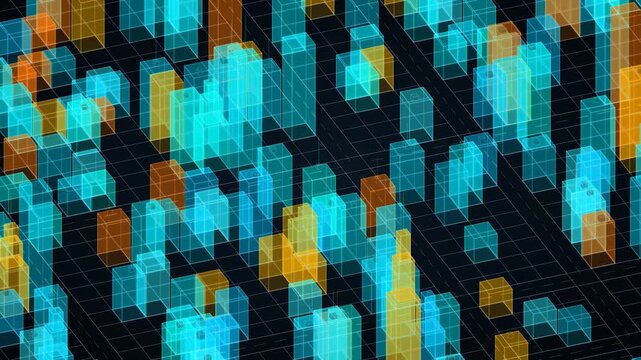 vibrant loopable isometric cityscape, abstract rotating digital data grid, translucent 3d blocks or buildings