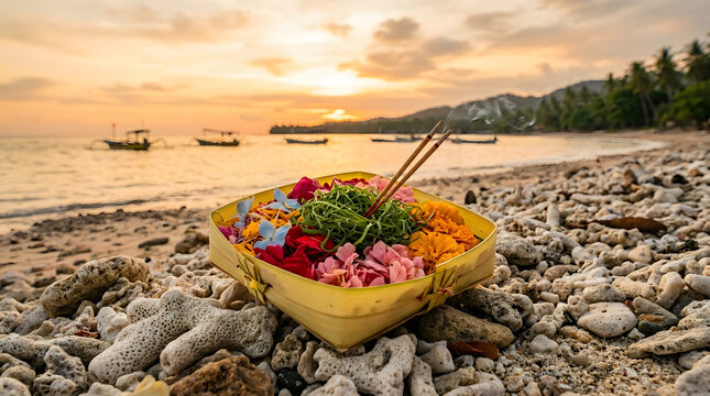 A colorful Balinese canang sari flower offering in a woven bamboo tray with incense sticks sits on a rocky beach at golden sunset with fishing boats in the background.
