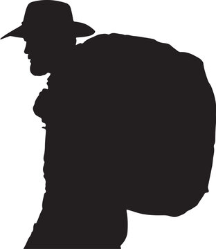 Silhouette of a man with a backpack and hat black