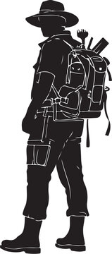Silhouette of a man with a backpack and tools, standing