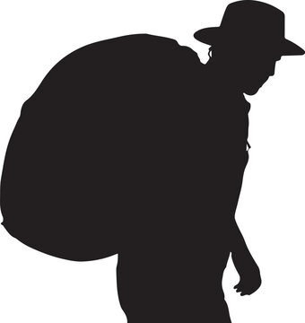 Silhouette of a man with a large backpack and hat black