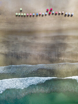 Bali, Kuta Beach, three beach umbrellas, aerial view
