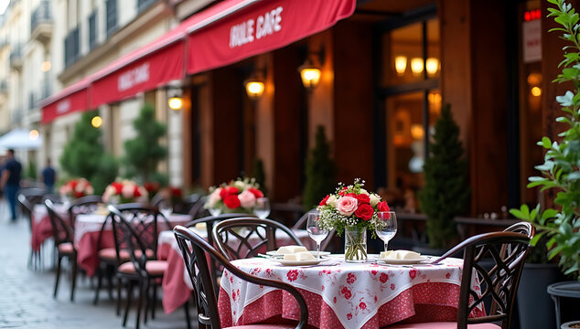 A charming Parisian outdoor cafe setting with elegant floral centerpieces and tablecloths
