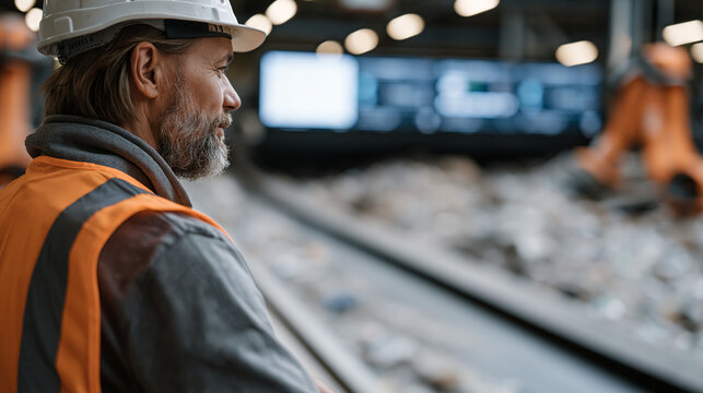 Recycling facility manager watches robotic sorters process a surge of post-holiday packaging waste on a high-speed belt, data screens mounted above the conveyor showing material