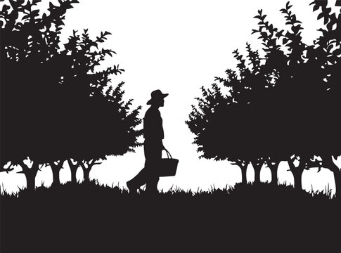Silhouette of a person walking with a basket, surrounded
