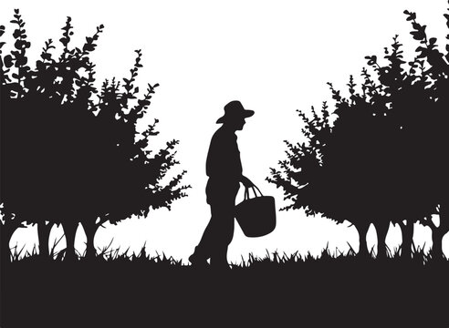 Silhouette of a person walking with a basket, surrounded