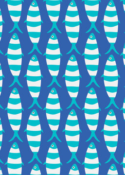 Seamless pattern illustration of blue striped cartoon fish