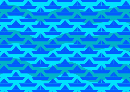 Seamless pattern of blue paper boats on ocean waves