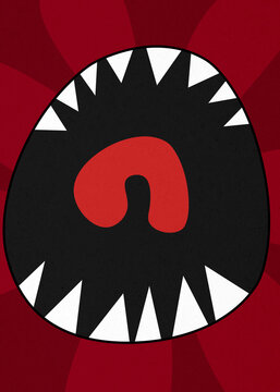 Graphic illustration of a screaming monster mouth with sharp fang