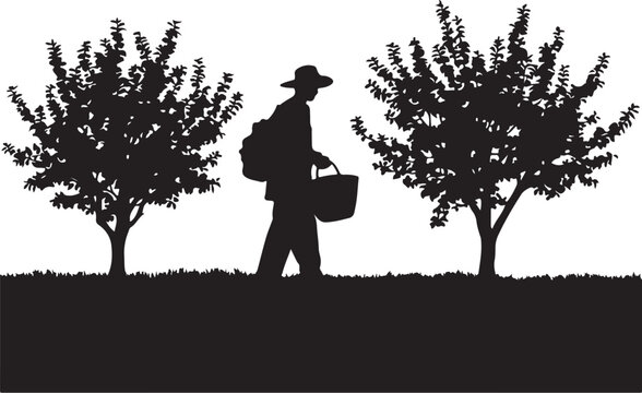 Silhouette of a person walking with a bucket, between