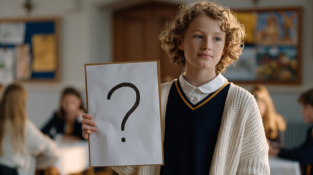 Twelve-year-old at a youth religious education class holding a hand-lettered poster with a theological question mark, classmates debating around low tables, religion young