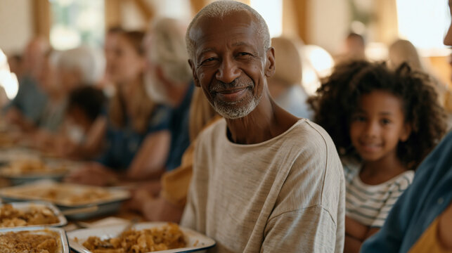 Multigenerational congregation gathered in a sunlit church hall for a shared potluck meal, elderly members seated beside children, casserole dishes crowding a long folding table