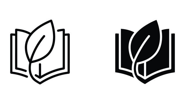 Open book with plant leaves icon representing nature literature and sustainable reading in dual black line and solid styles isolated on light grey background for publishing and environmental media