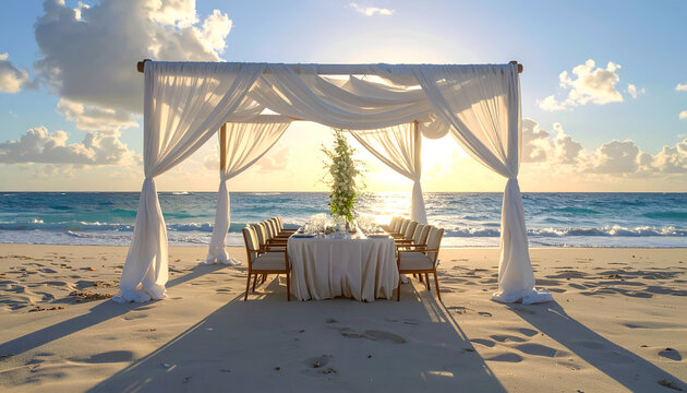 Romantic Beach Wedding Canopy Setup at Sunset with Ocean View.