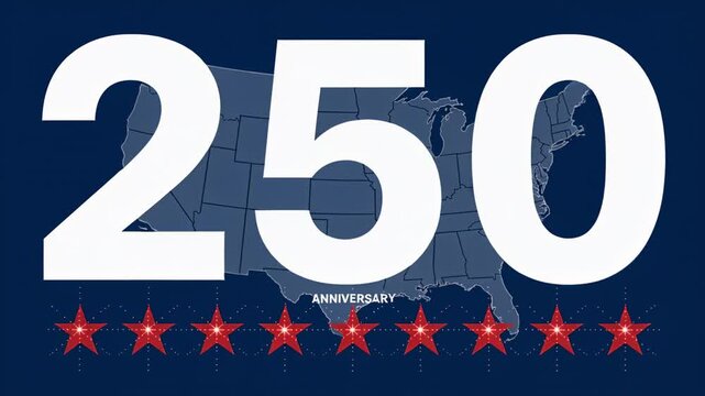 Animating white numerals 250 on US map sparkle moving along stars igniting bursts marking milestone