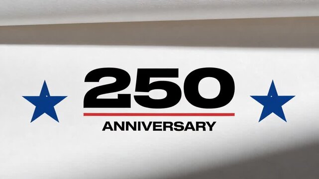 Animating 250 ANNIVERSARY logo on white backdrop with light sweep sparking star glints and red dots
