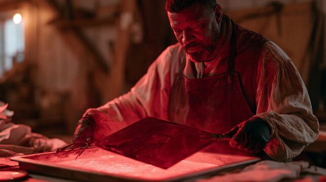 wet plate collodion glass ambrotype emerging from developer tray under red safelight as a technician lifts it with tongs, image of a bearded sitter materializing through chemical