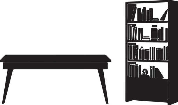 Silhouette of a table and bookshelf with books black