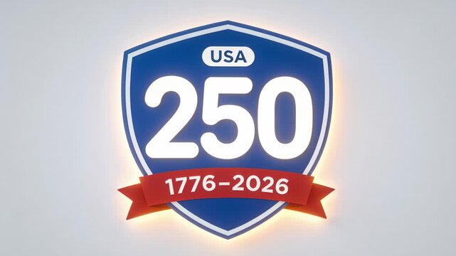 Appearing blue shield showing 250 gray eagle diving bursting flare over ribbon 1776-2026 for 250yrs