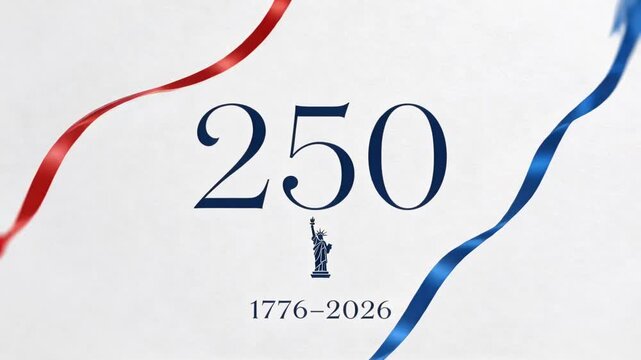 Entering edges red, blue ribbons gliding on textured paper, marking centered 250 Liberty 1776&ndash;2026