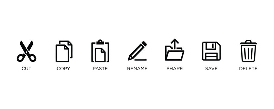 File Action Icons, Cut Copy Paste Save Delete Share and Rename Line Icon
