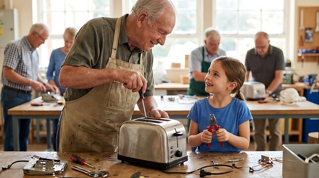 Grandfather teaching granddaughter to fix toaster in workshop, tools on table, multi-generational, learning, family, hobby.