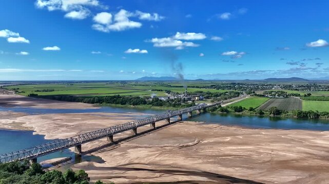 Cinematic aerial footage of Burdekin River Bridge Home Hill Queensland