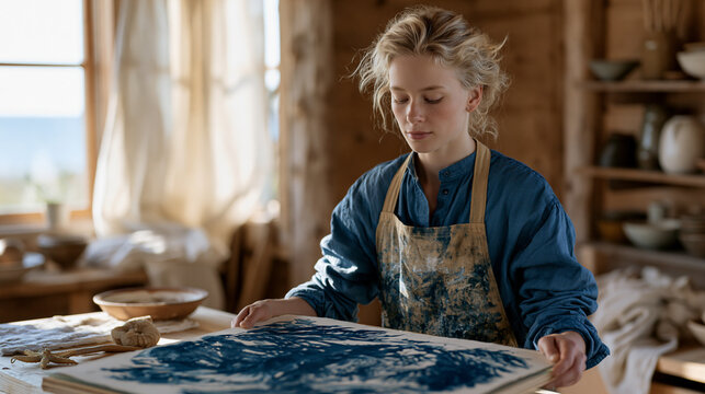 cyanotype artist arranging a family of seaweed specimens directly onto sensitized paper inside a garden shed, pressing a glass plate over the composition before carrying the board