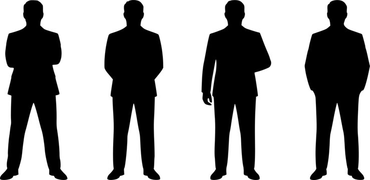 Set of Four Men Black Silhouette Collection Isolated on White Background &ndash; Full Body Vector Illustration