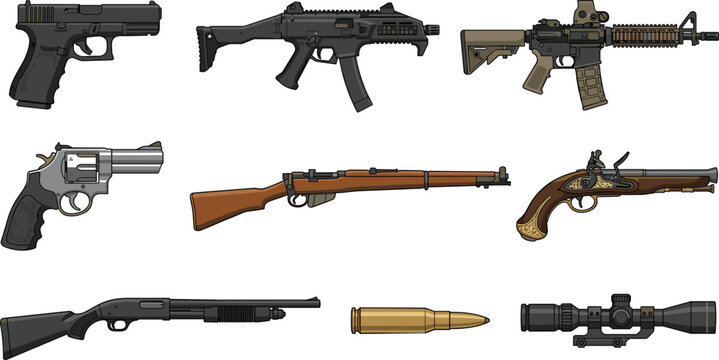 WebDetailed Vector Illustration Collection of Modern and Historical Firearms Including Pistols, Rifles, Shotguns, and Accessories for Educational and Design Projects