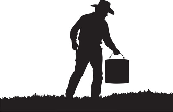 Silhouette of man in cowboy hat holding bucket, standing