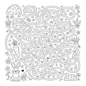 Black and white maze puzzle for kids featuring a cute rabbit searching for a carrot in a garden with clover, bushes and grass; educational logic game and coloring page outline.