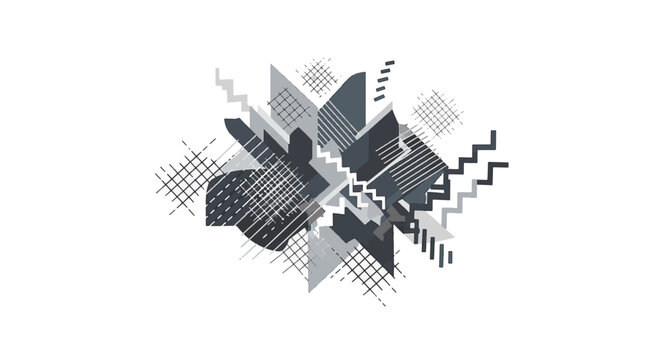 Abstract geometric composition featuring charcoal grey and white shapes, including zig-zag lines, crosshatched grids, and diagonal stripes centered on a solid white background.