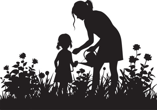 Silhouette of woman and child watering flowers in garden girl