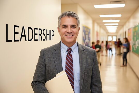 Smiling school principal holding folder stands in hallway near leadership sign with students walking in background focused on positive educational environment and mentorship.