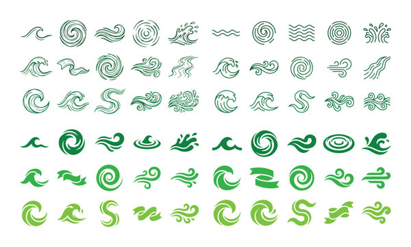 Dynamic green wave vector collection, abstract water swirls, ocean current symbols, and flowing liquid elements, a versatile graphic resource for marine and nature-themed designs isolated